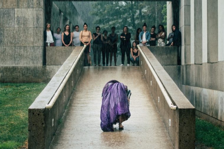 Wesleyan has considerable experience hosting artist residencies of varying length and complexity. Pictured is artist-in-residence Eiko Otake with Institute for Curatorial Practice in Performance students in 2017. (Photo by Brendan Plake, courtesy of Wesleyan University’s Center for the Arts.)