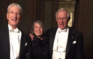 Gary Yohe, left, with Nobel Prize winner Bill Nordhaus, right, and his wife, Barbara, center, at Nobel Week in Stockholm, Sweden.