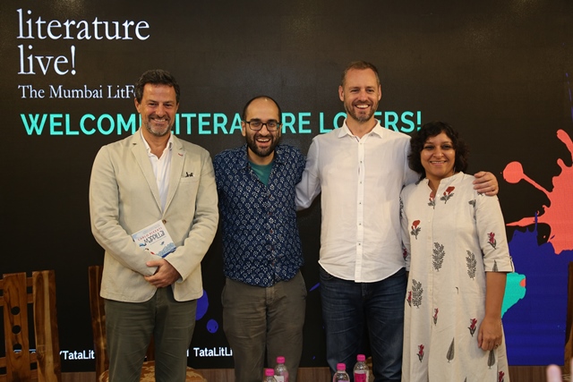Hirsh Sawhney, assistant professor of English, coordinator of South Asian Studies, spoke on a panel about the way in which outsiders write about India at Tata Literature Live! The Mumbai LitFest. Other panelists included, from left, memoirist Carlo Pizzati, Sawhney, writer Scott Carney, and renowned Indian publisher Karthika VK.
