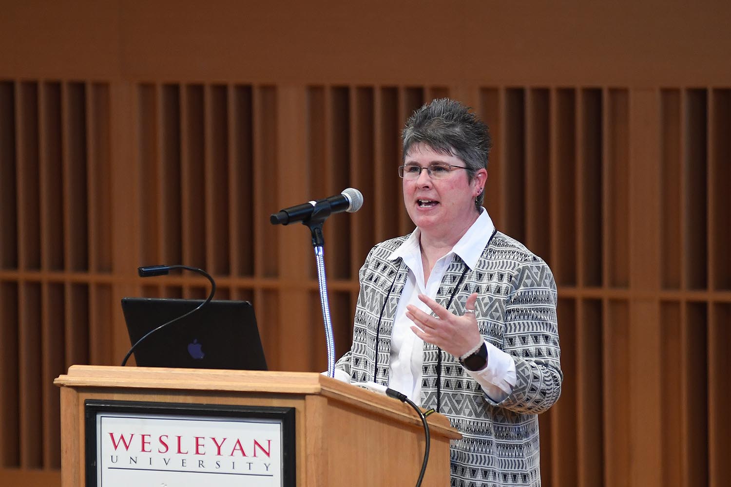 Debbie Colucci, Interim vice president for equity and inclusion, and equity compliance director and deputy title IX coordinator welcomed the audience to Wesleyan’s MLK Day celebration. 