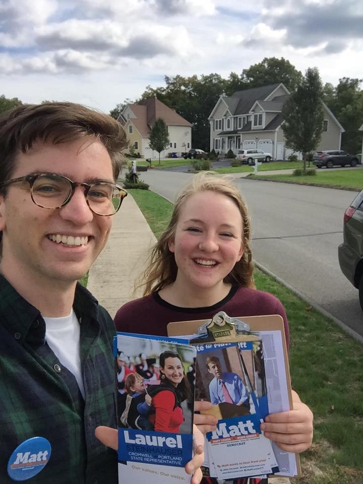 Austin Pope ’19 and Virginia Sciolino ’21 participated in a political engagement opportunity in Cromwell, Conn. last September. The students received a $500 grant from the Jewitt Center for Community Partnerships to support their political campaign work over fall break. 