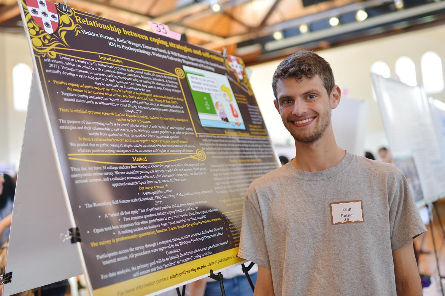 Will Ratner '22 shared his poster titled "Relationship between Coping Strategies and Self-Esteem." Ratner's advisor is Sarah Kamens, the David Scott Williams Visiting Professor of Psychology