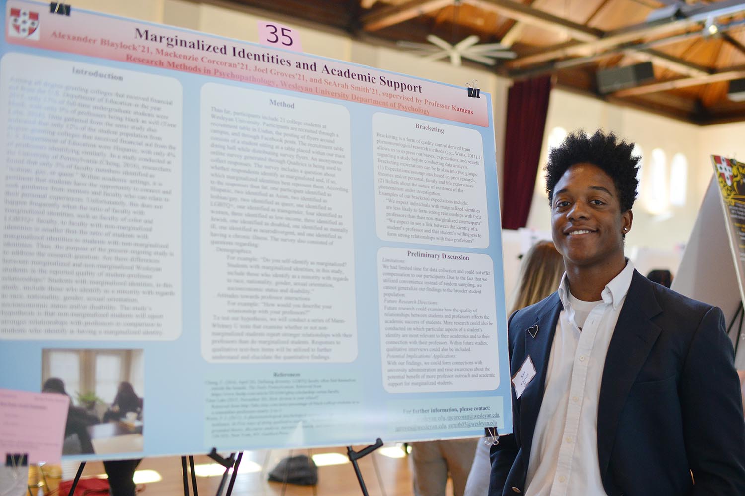 Joel Groves presented his group's poster titled "Marginalized Identities and Academic Support ." His advisor is Sarah Kamens. 
