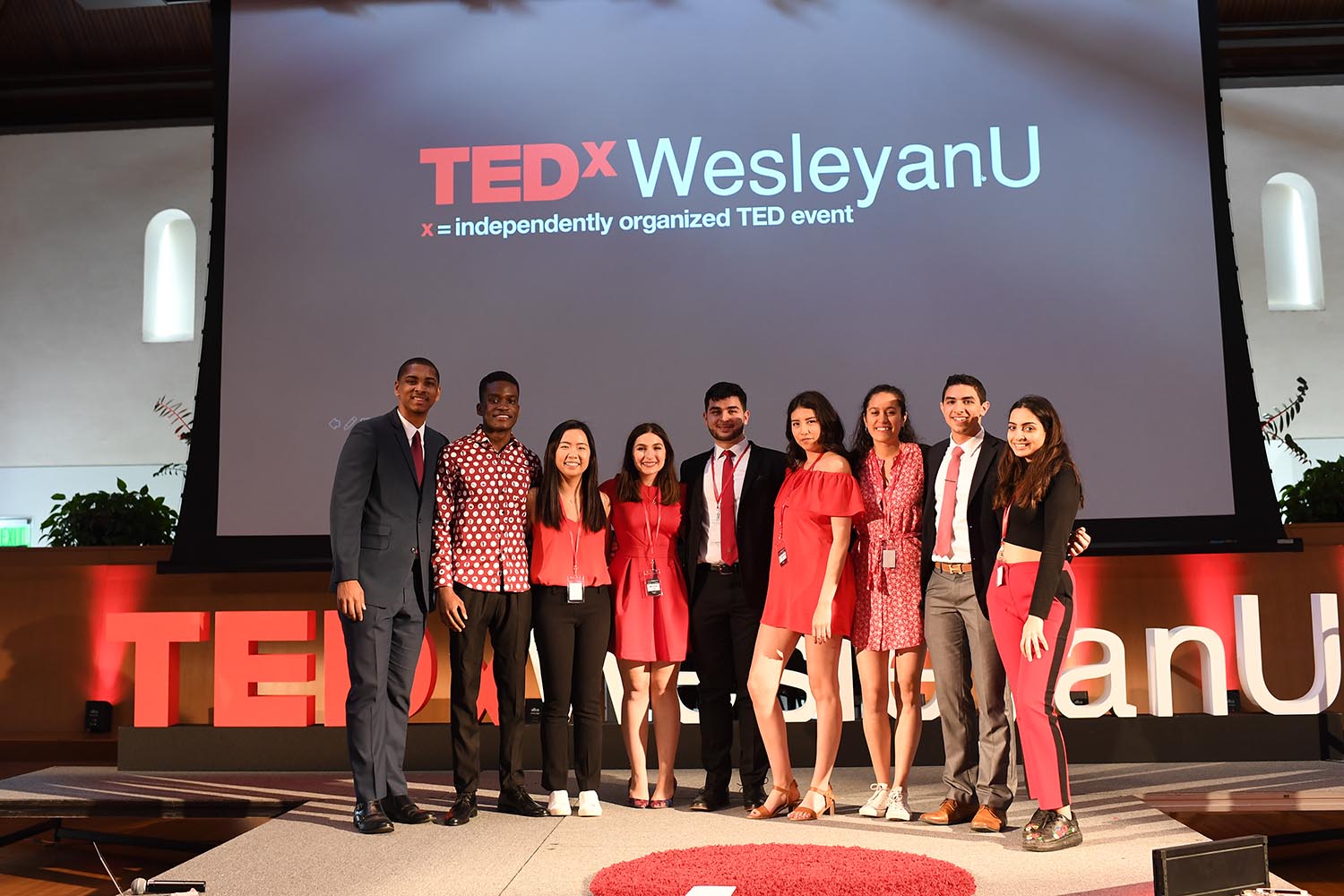 Members of the 2019 TEDxWesleyanU team gathered on the TEDx stage in Beckham Hall following the successful conference. Tickets for the event sold out within 12 hours.