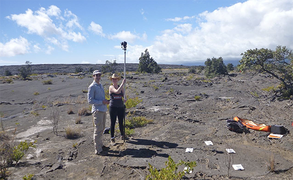 John Sheffer and Jacqueline Buskop collecting photogrammetry data on footprint trackways in the Ka’u Ash Desert on Kilauea.