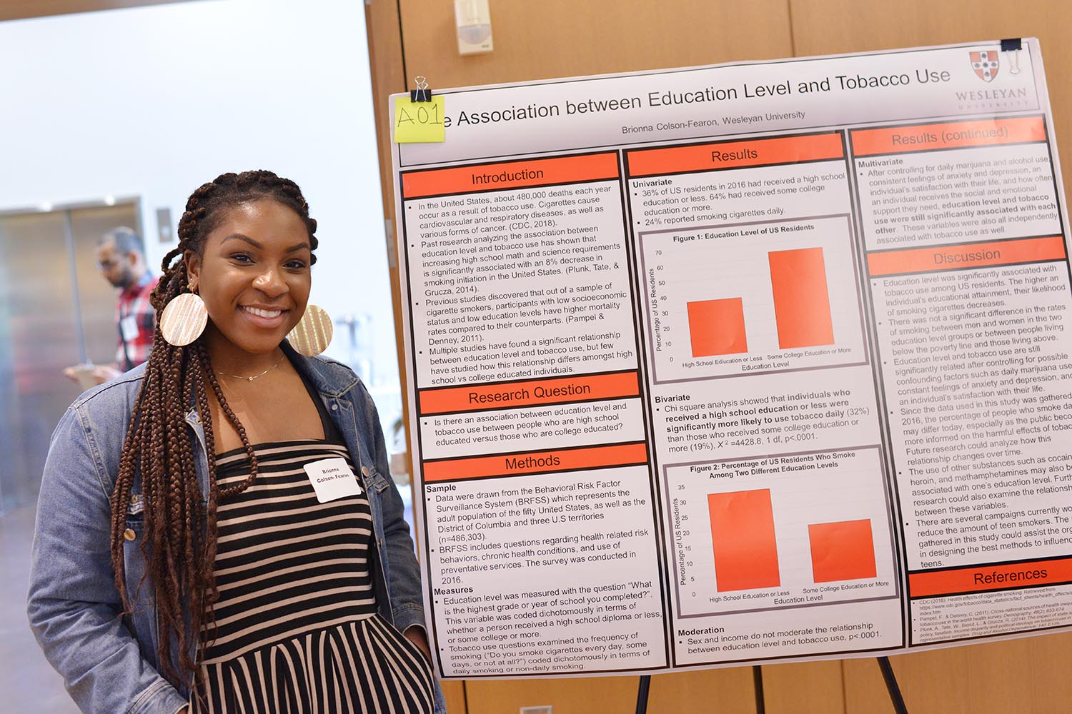 Brionna Colson-Fearon '22 explored the topic of "The Association between Education Level and Tobacco Use."