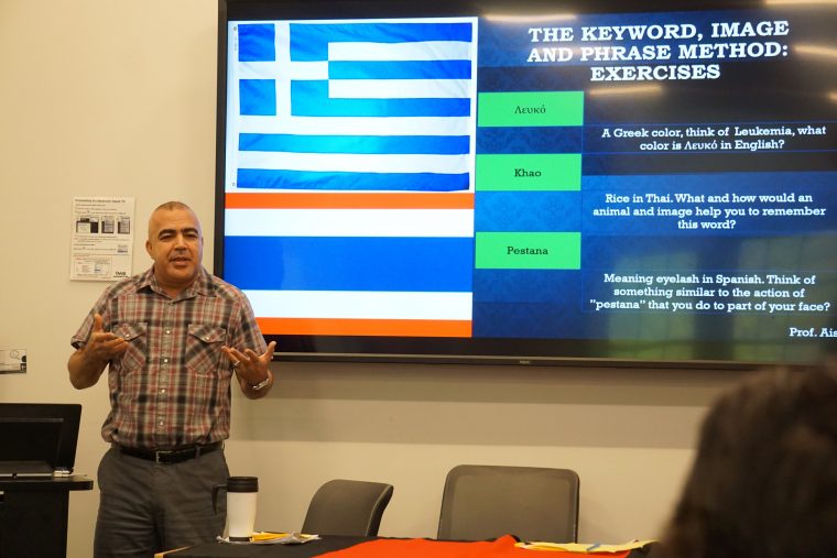 Abderrahman Aissa, adjunct assistant professor of Arabic, spoke on "Second Language Acquisition: Strategies for learning vocabulary through word, phrase and image association."