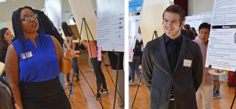 Tamare Adrien '19 and Grant Hill '20 shared their sleep studies at the Department of Psychology’s Research Poster Presentation on April 25.