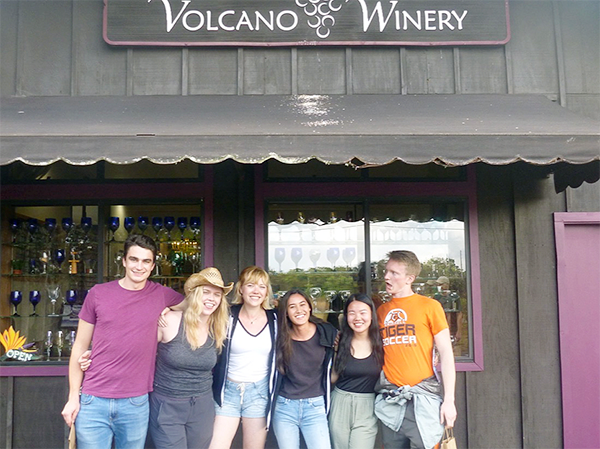 John Sheffer, Jacqueline Buskop, Celeste Smith, Sara Wallace-Lee, Kelly Lam, and Ryan Nelson at Volcano Winery, Hawaii
