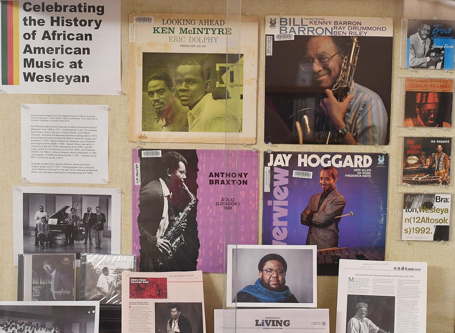 "Celebrating the History of African American Music at Wesleyan" is displayed outside the Music Library in Olin Library.