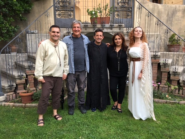 Ron Jenkins, pictured second from left, celebrated his new book in a garden of an 18th century villa with performances of the play that is the subject of his book, Resurrection of the Saints: Sacred Tragi-Comedy in Venafro. He's pictured with actors, from left, Adriano Cimino, Gianni Di Chiaro, and Emanuela Paolozzi along with the translator of the Italian version of the book, the poet Maria Giusti.