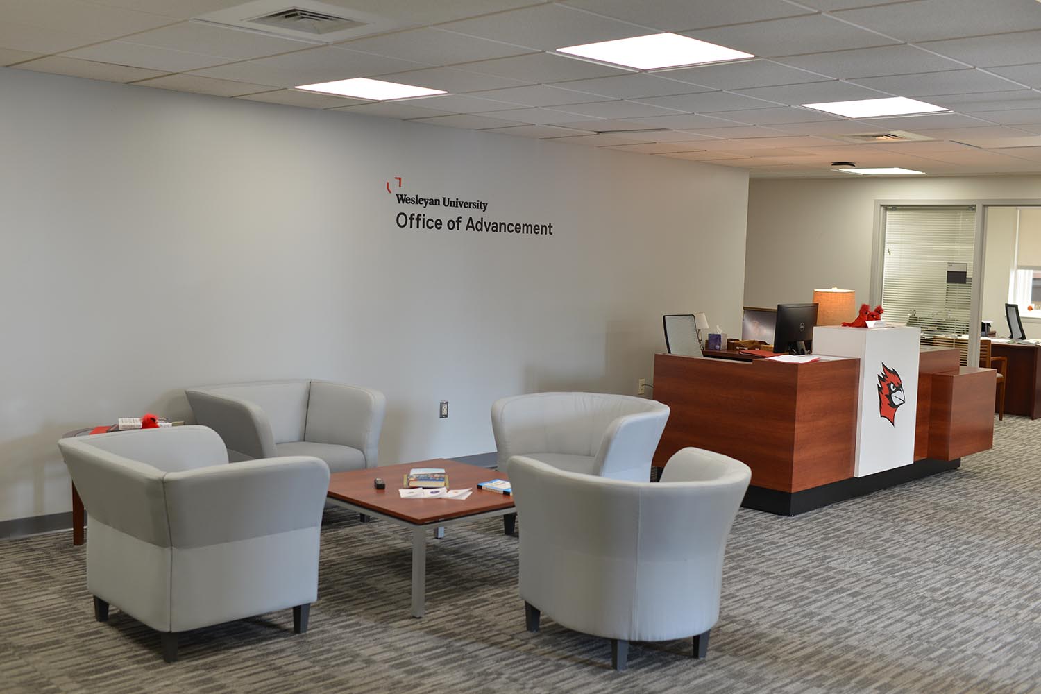 Guests are greeted in the Office of Advancement lobby. 