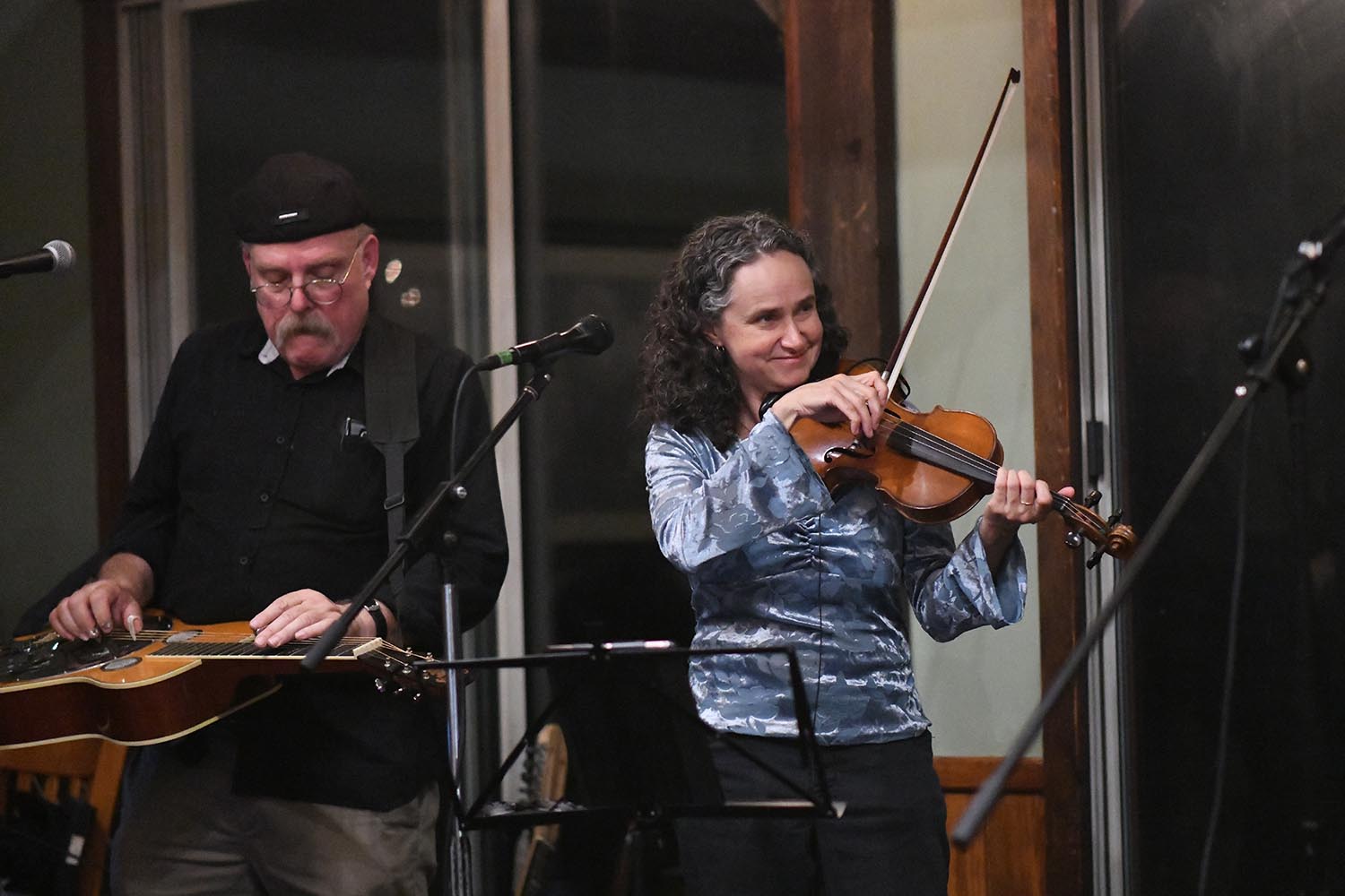 Fiddle player and lead singer Rebecca McCallum, head cataloging Olin Library, plays fiddle and is the group's lead singer.