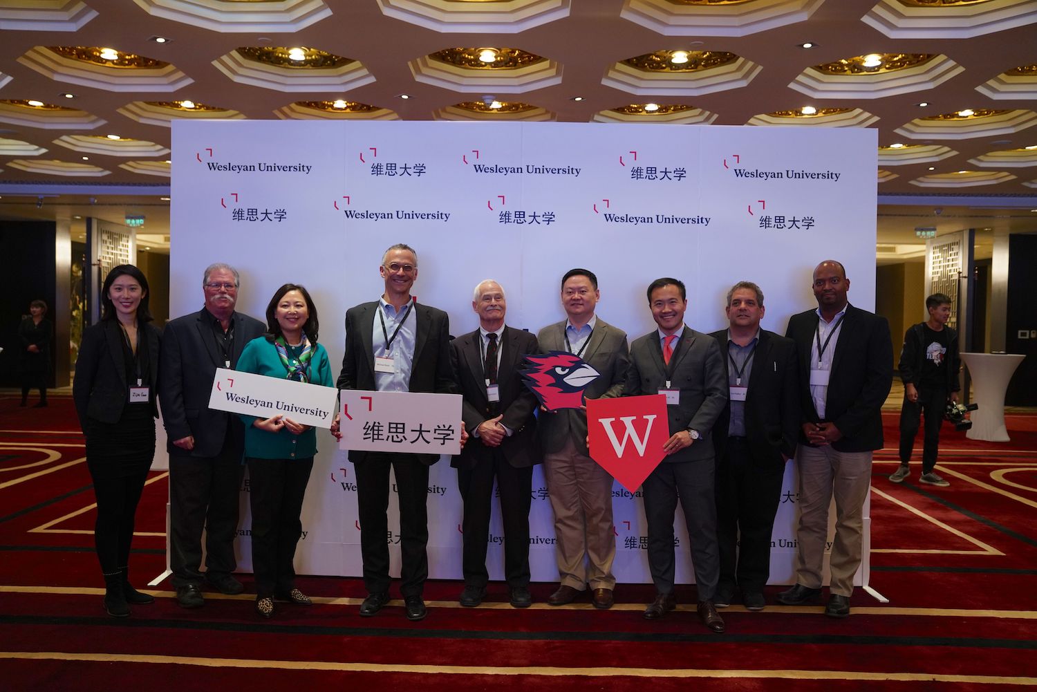 From left, Program Manager for Global Initiatives Zijia Guo, Chernoff, Zhu, Roth, Adelstein, Xie, Ai, Plafker, Vice President for Advancement Frantz Williams at the forum.