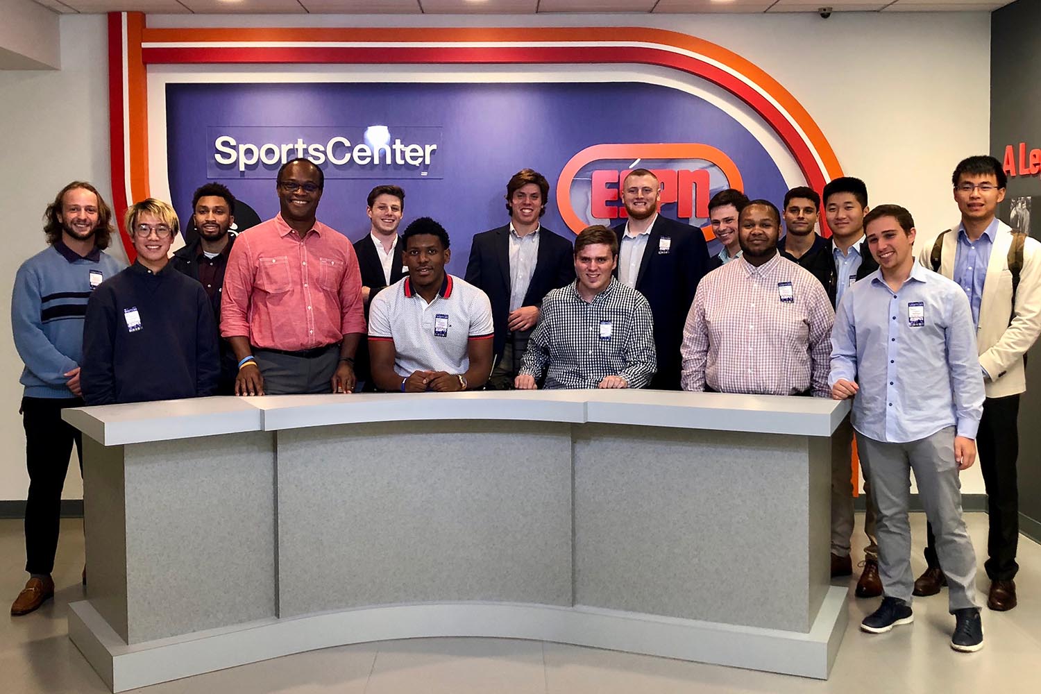 On Oct. 18, 14 students visited the ESPN campus in Bristol, Conn. Students spent time with Rob King ’84 hearing about his career in journalism and viewing some of his current video projects and participating in a full studio tour including watching the taping of segments for SportsCenter.