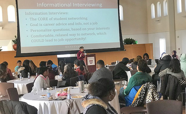 Ruthann Coyote, career advisor at the Gordon Career Center, offers tips on informational interviewing during the Pathways to Inclusive Education professional development brunch. 