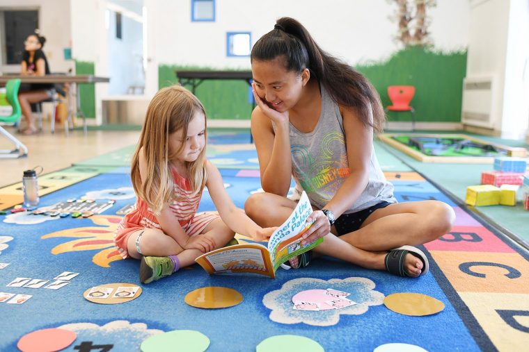 Students at Wesleyan have long been interested in studying educational practice and policy, and have been committed to working with local schools and children through a wide variety of programs. Here, Emma Distler '19 plays an interactive reading and counting game with a four-year-old through Kindergarten Kickstart, a research-based, high-impact, low-cost innovative and nurturing preschool program organized by Anna Shusterman and her students every summer.