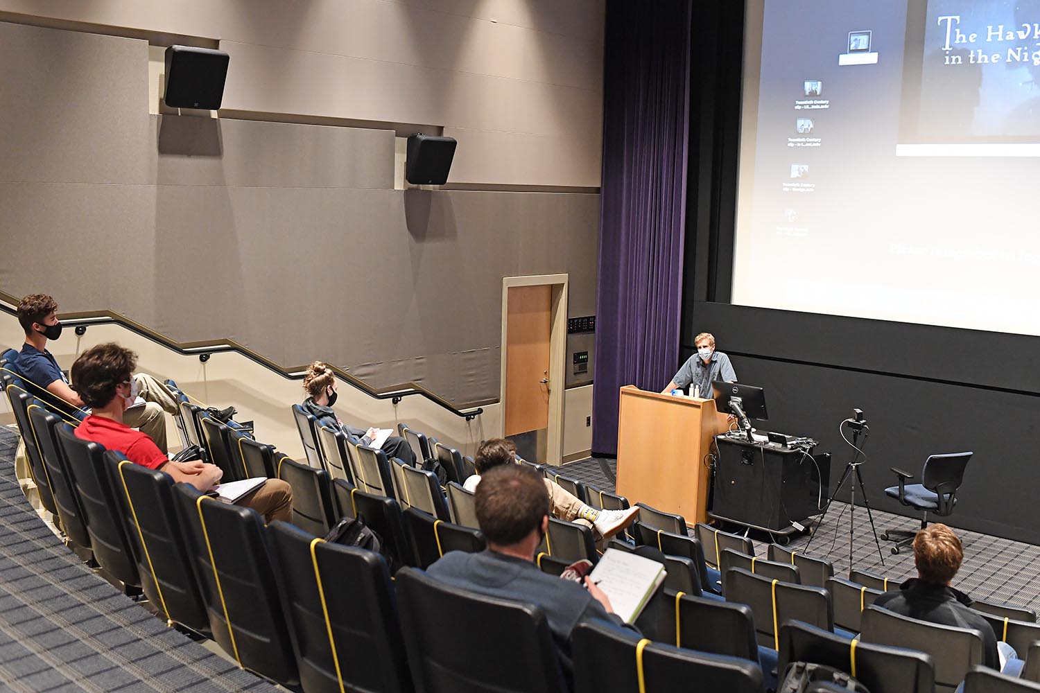 Michael Slowick, associate professor of film studies, teaches FILM 390: The History of Film Sound in the Powell Family Cinema on Sept. 17