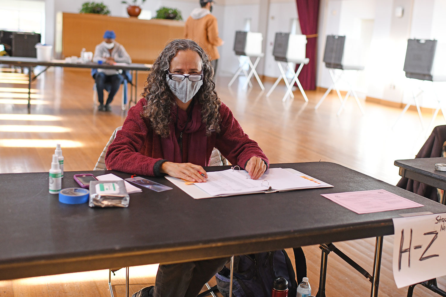 Rebecca McCallum, head of cataloging at Wesleyan's Olin Library, volunteered at the polling place in Beckham Hall for the third consecutive year.