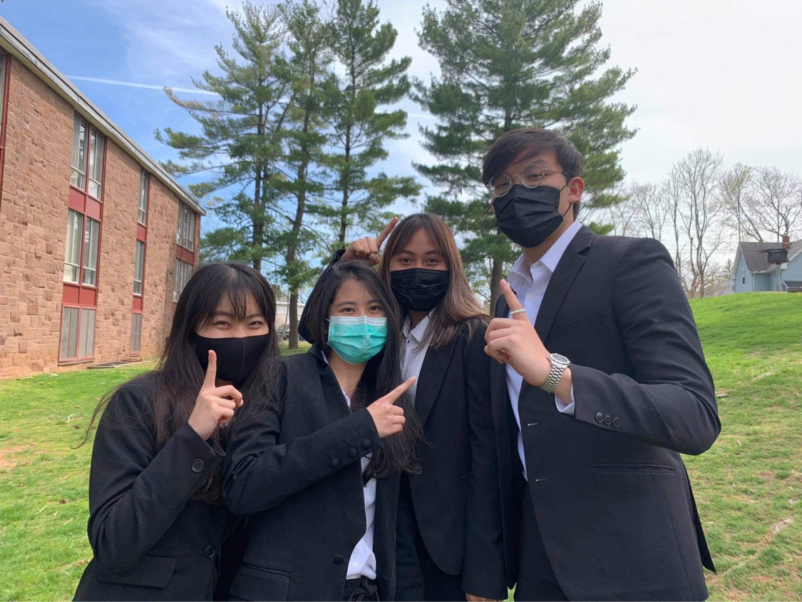 elebrating the win outside of the Butterfields dorm. April 9, 2021. Left to right: Ransho Ueno, Pim Wandee, Sarah Rizky Ardhani, and Asa Sakornpant
