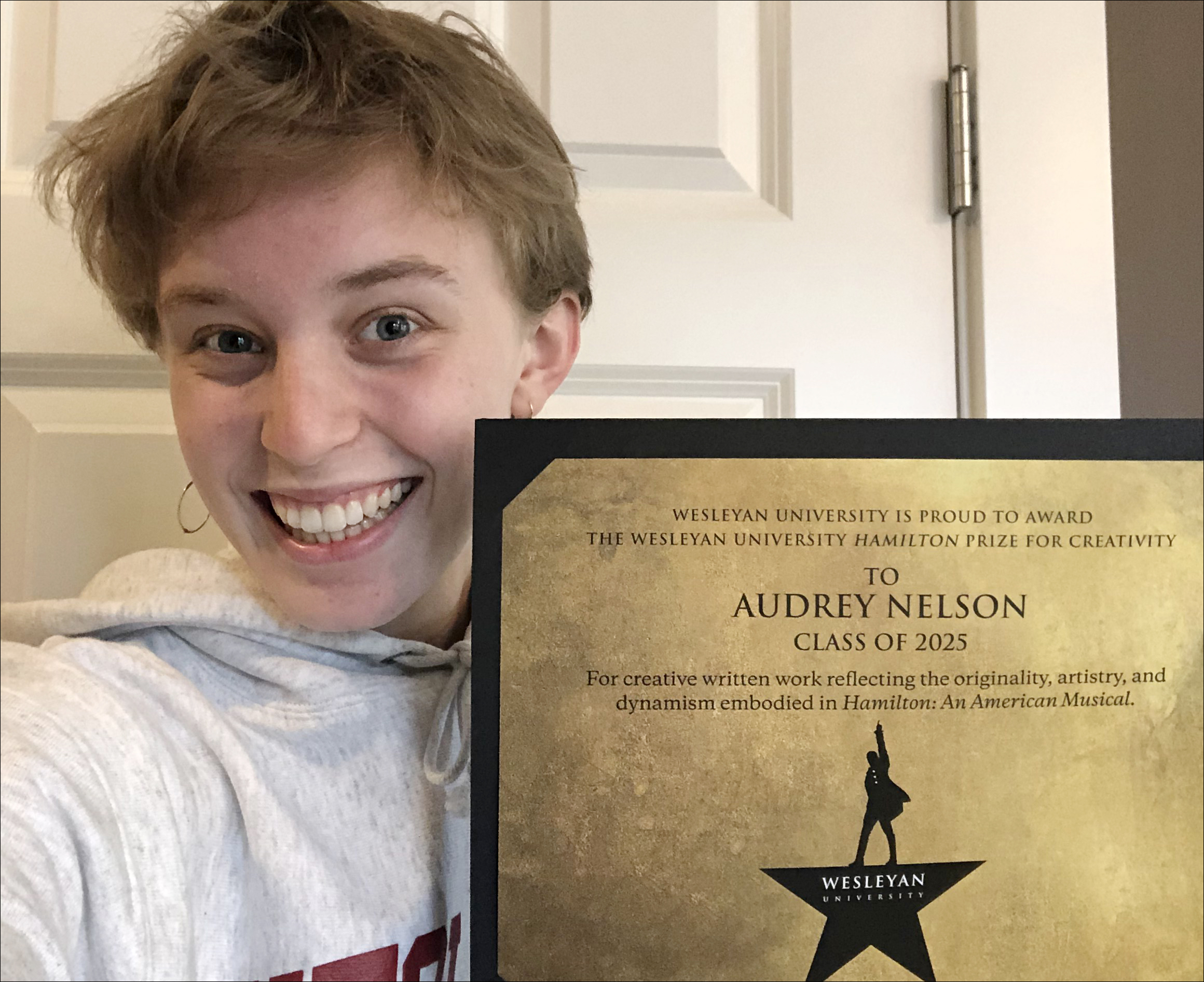 Audrey Nelson ’25 is the recipient of the 2021 Hamilton Prize for Creativity, which comes with a four-year, full-tuition scholarship to attend Wesleyan University.