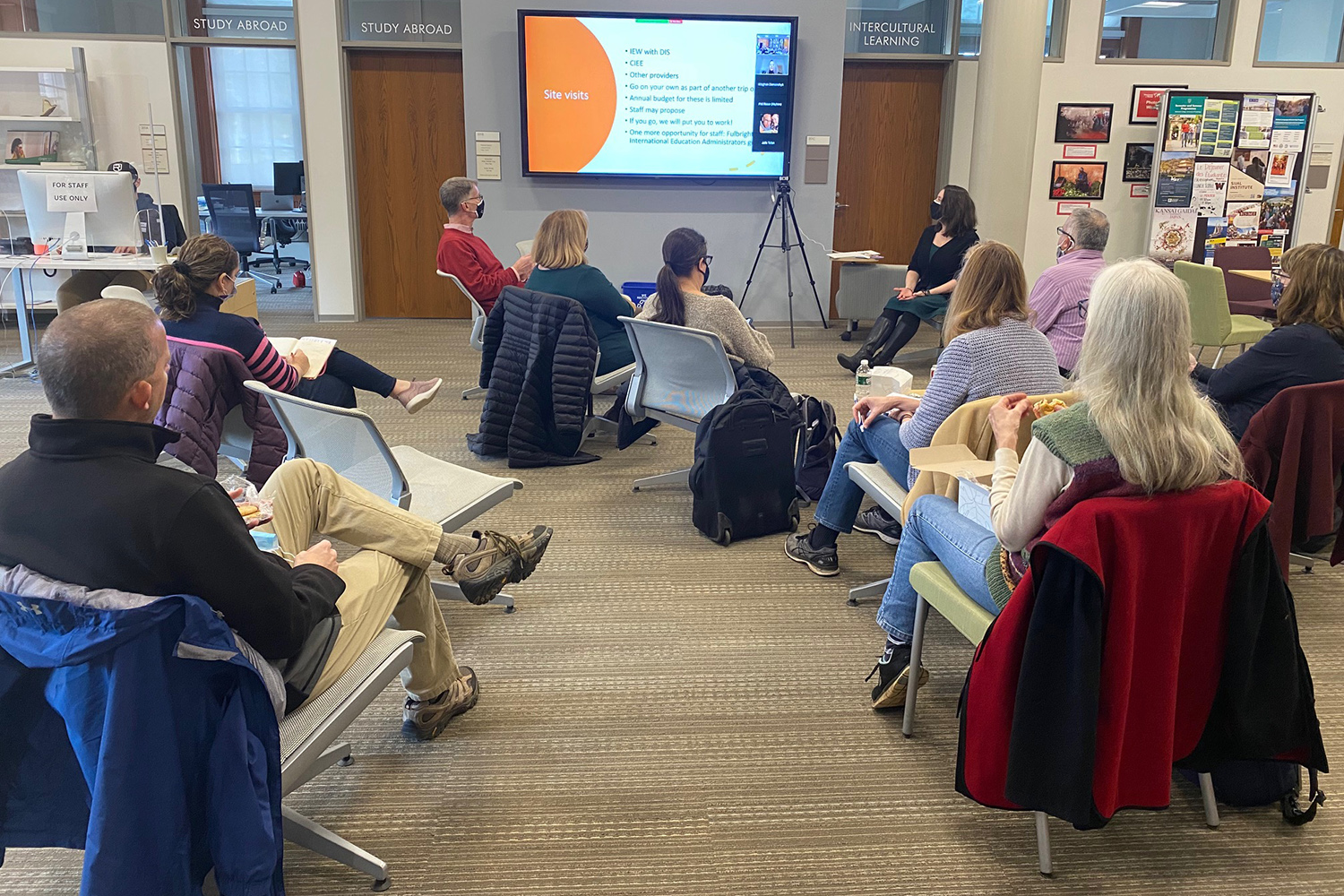 During an "Opportunities Abroad" discussion, Wesleyan faculty learned about opportunities for travel and work in countries around the world. The session, which included information on faculty exchanges and Fulbrights, was hosted by the Fries Center for Global Studies, Office of Career and Faculty Development, and Office of Corporate, Foundation, and Government Grants