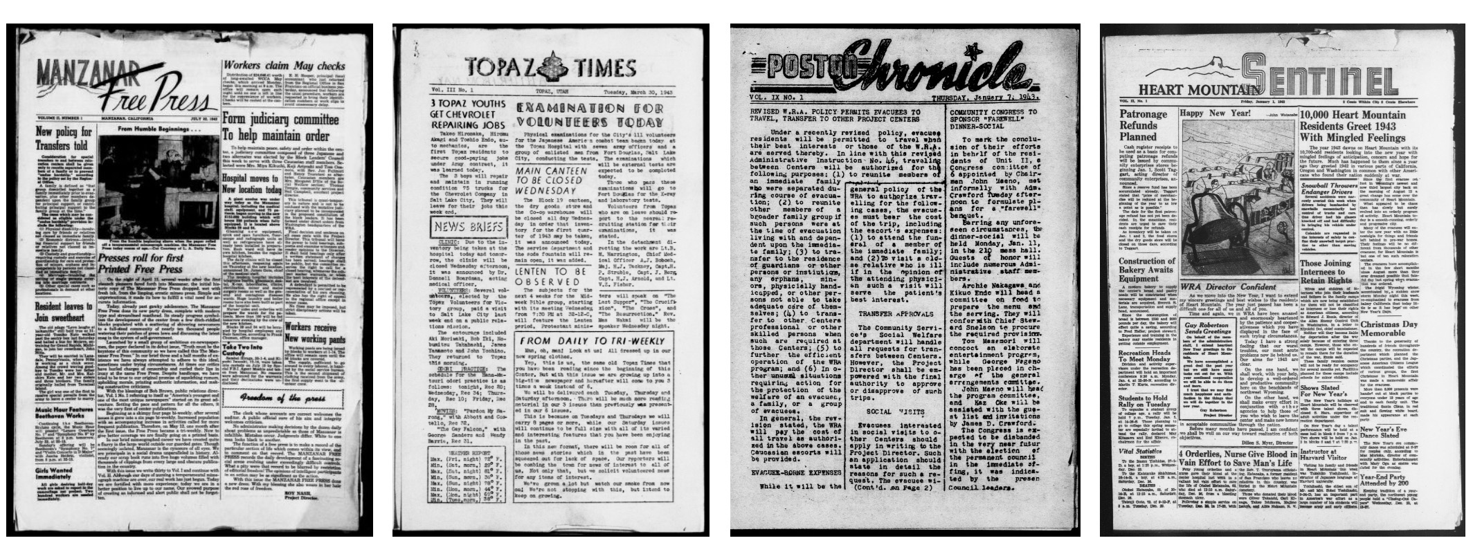 左：Manzanar Free Press、1942年7月22日。 左中央：トパーズタイムズ、1943年3月30日。 右中央：Poston Chronicle、1943年1月7日。 右：ハートマウンテンセンチネル、1943年1月1日。